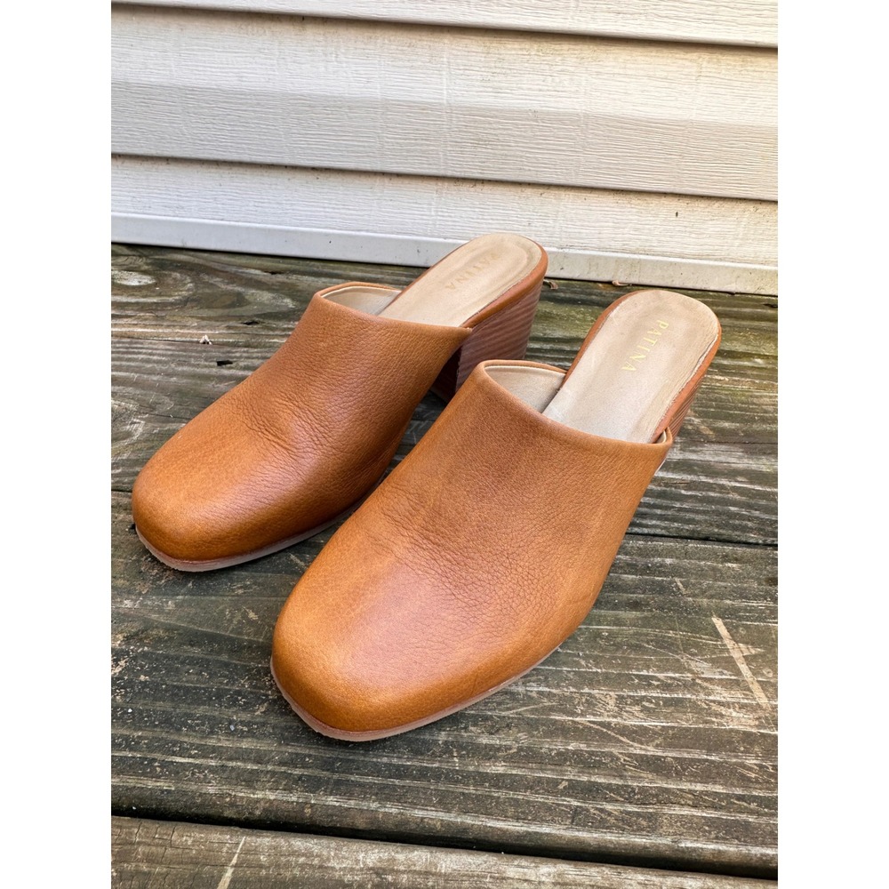 Tan Leather Block Heel Slip On Mules Size 11